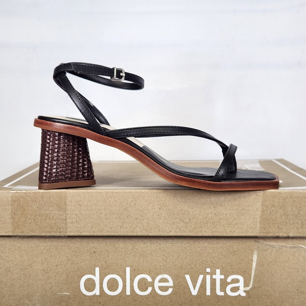 Dolce Vita Banita Sandals Women Size 5 Black Leather Strappy Raffia Block Heel